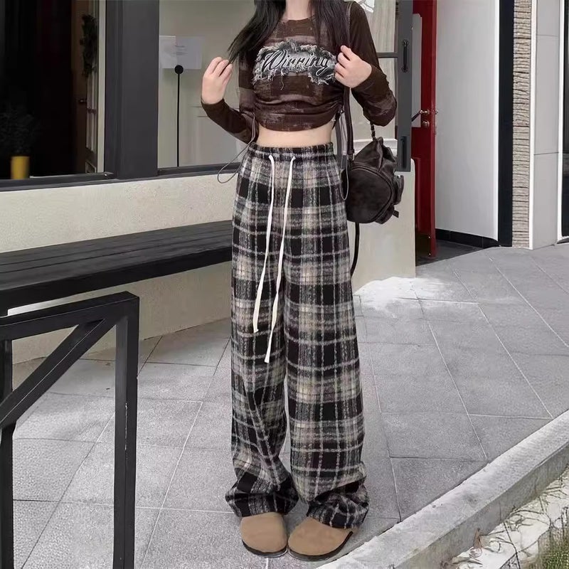 Woolen Plaid Drawstring Mop Casual Pants Girls New Christmas Wear Red Straight Leg Pants - Image 3