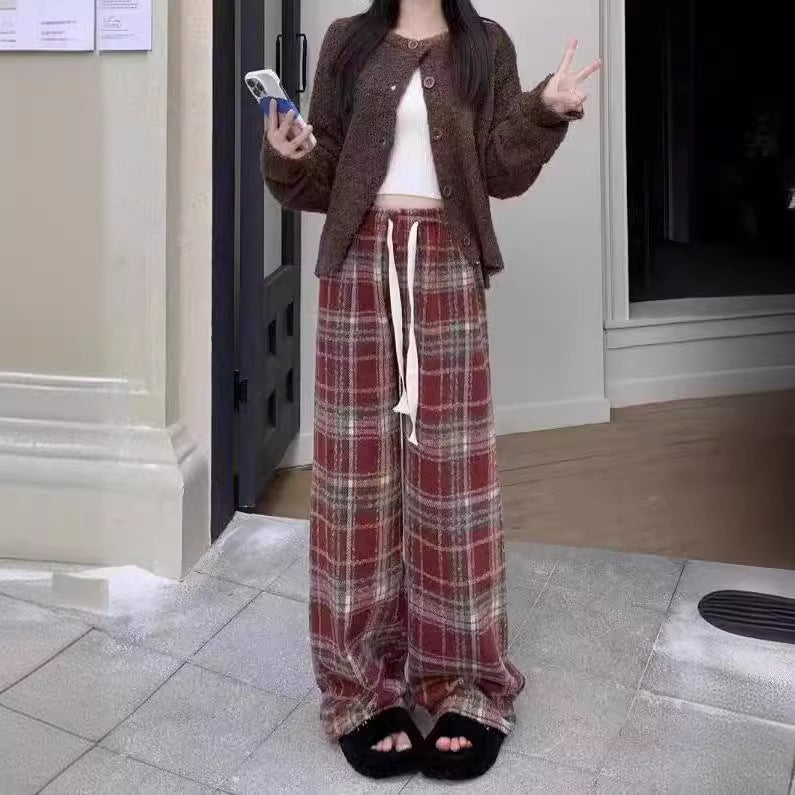 Woolen Plaid Drawstring Mop Casual Pants Girls New Christmas Wear Red Straight Leg Pants - Image 5