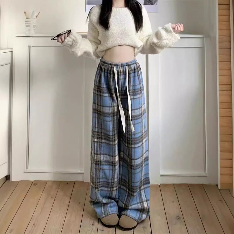 Woolen Plaid Drawstring Mop Casual Pants Girls New Christmas Wear Red Straight Leg Pants - Image 4