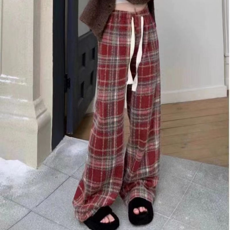 Woolen Plaid Drawstring Mop Casual Pants Girls New Christmas Wear Red Straight Leg Pants - Image 2