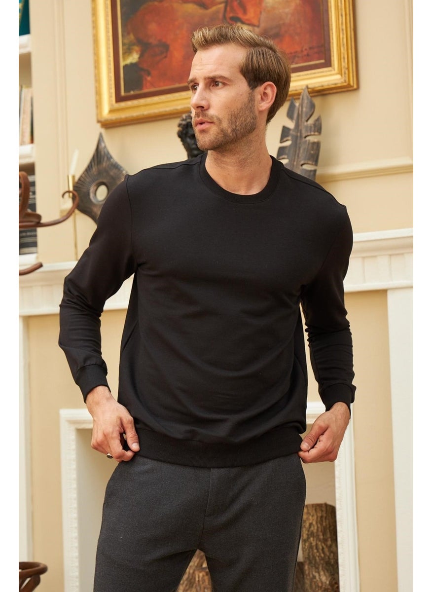 Odelon Men's Basic Crew Neck Comfortable Fit Plain Sweatshirt Black  - Image 2