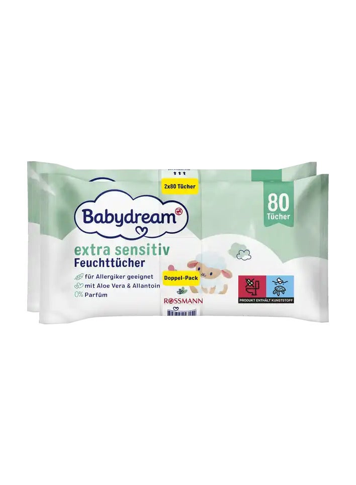 روسمان ماركة ألمانية، مناديل أطفال، مناديل مبللة بيبي دريم شديدة الحساسية 160 قطعة عبوة مزدوجة 2x80، للبشرة الحساسة، تنظيف لطيف، بدون عطر، مع الصبار والآلانتوين, محارم معطرة للاطفال, مناديل مبلله للاطفال - Image 2