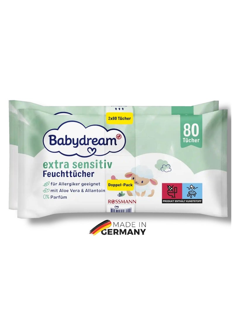 روسمان ماركة ألمانية، مناديل أطفال، مناديل مبللة بيبي دريم شديدة الحساسية 160 قطعة عبوة مزدوجة 2x80، للبشرة الحساسة، تنظيف لطيف، بدون عطر، مع الصبار والآلانتوين, محارم معطرة للاطفال, مناديل مبلله للاطفال - Image 1