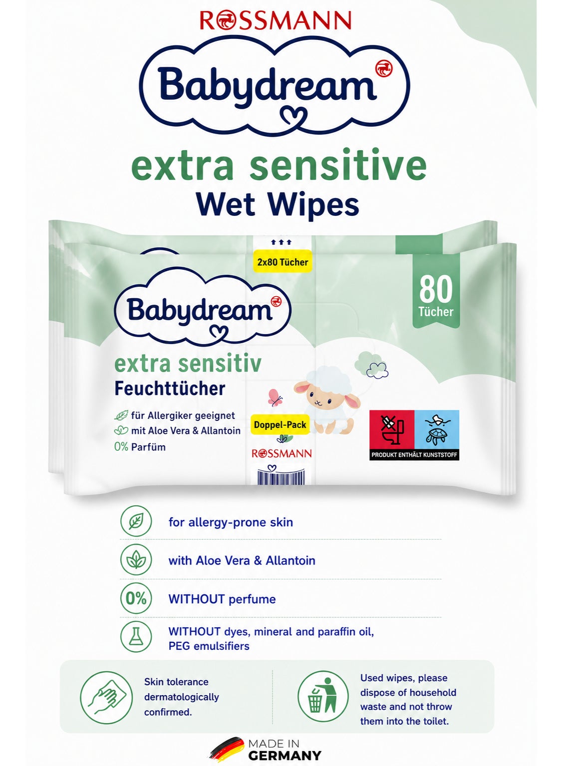 BabyDream German Brand Wipes , Baby Wipes, Babydream extra sensitive wet wipes 160 pieces double pack with 2x80, for sensitive skin, gentle cleaning, without perfume, with Aloe Vera & Allantoin.
