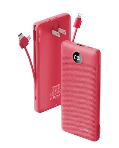 VRURC Portable Charger Built-in Cables and AC Wall Plug, VRURC USB C Power Bank 10000mAh, Travel Battery Portable Phone Charger Compact Lightweight External Battery Pack for SmartPhones,Tablets-Viva Magenta - Image 1