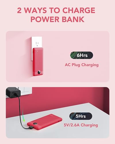 VRURC Portable Charger Built-in Cables and AC Wall Plug, VRURC USB C Power Bank 10000mAh, Travel Battery Portable Phone Charger Compact Lightweight External Battery Pack for SmartPhones,Tablets-Viva Magenta - Image 5