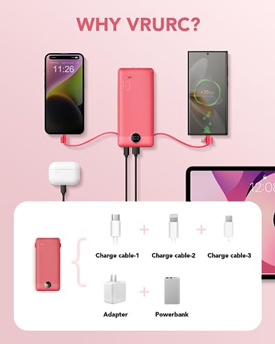 VRURC Portable Charger Built-in Cables and AC Wall Plug, VRURC USB C Power Bank 10000mAh, Travel Battery Portable Phone Charger Compact Lightweight External Battery Pack for SmartPhones,Tablets-Viva Magenta - Image 4