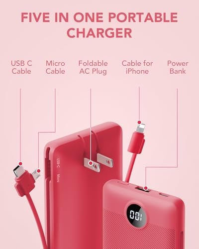 VRURC Portable Charger Built-in Cables and AC Wall Plug, VRURC USB C Power Bank 10000mAh, Travel Battery Portable Phone Charger Compact Lightweight External Battery Pack for SmartPhones,Tablets-Viva Magenta - Image 3