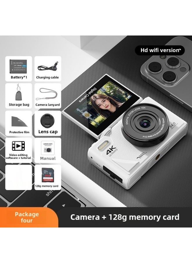 Generic Entry Level Micro Single Camera Student Digital Camera With WiFI HD CCD Campus 4K DSLR Vlog Camera-Body Color:White  128g Card  - Image 1
