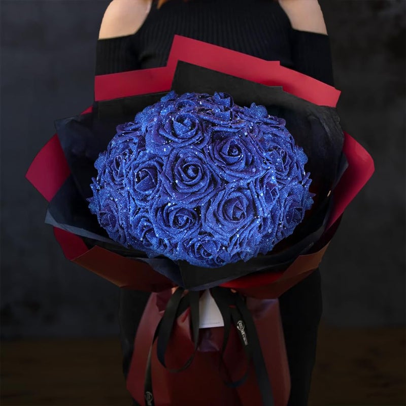MACTING 30PCS Artificial Glitter Flowers  Fake Flowers with Stems  Real Touch Foam Roses for Wedding Bouquet Table Centerpieces Party Wreath Home Decorations(Royal Blue) - Image 4