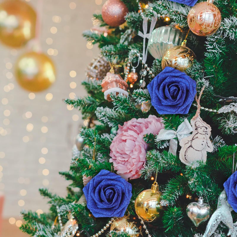MACTING 30PCS Artificial Glitter Flowers  Fake Flowers with Stems  Real Touch Foam Roses for Wedding Bouquet Table Centerpieces Party Wreath Home Decorations(Royal Blue) - Image 5