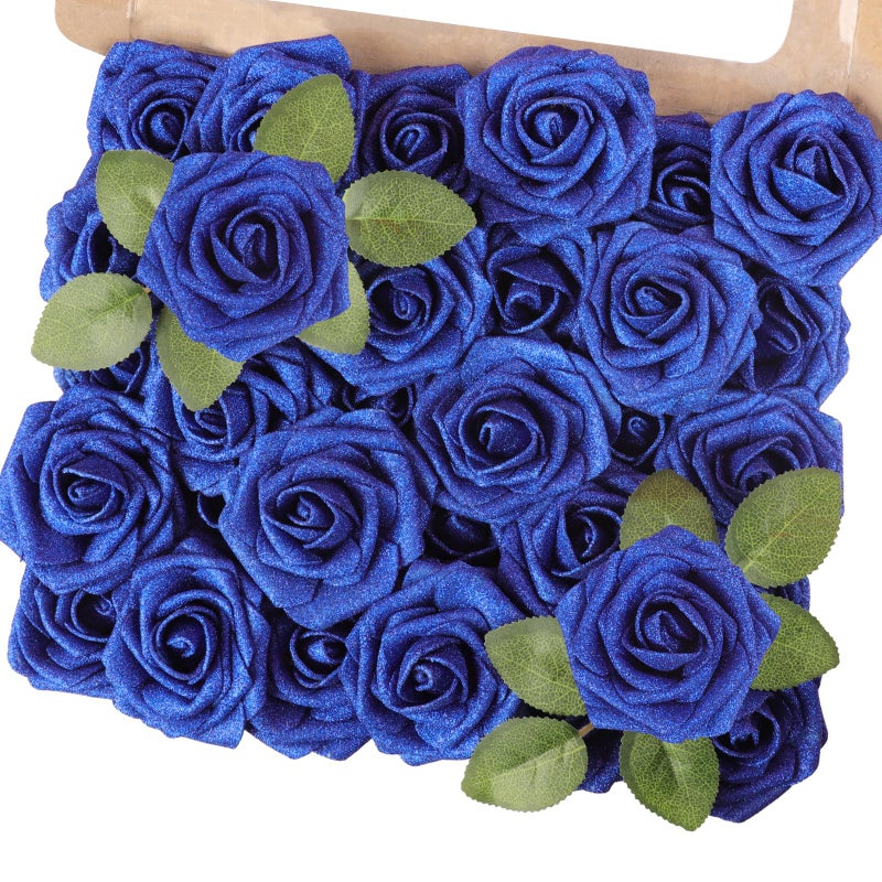MACTING 30PCS Artificial Glitter Flowers  Fake Flowers with Stems  Real Touch Foam Roses for Wedding Bouquet Table Centerpieces Party Wreath Home Decorations(Royal Blue) - Image 1