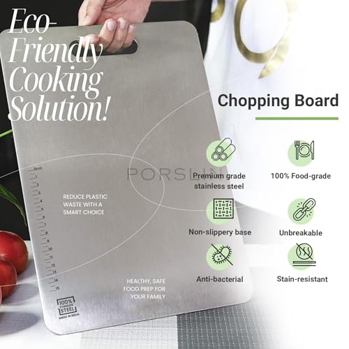 Porslin by Philips Stainless Steel Chopping Board, Chopping Board Steel Vegetable Cutting Board Steel for Kitchen Use, SS Chopper Board, Metal Cutter Board 31 X 21cm, Premium, Heavy Duty - Image 2