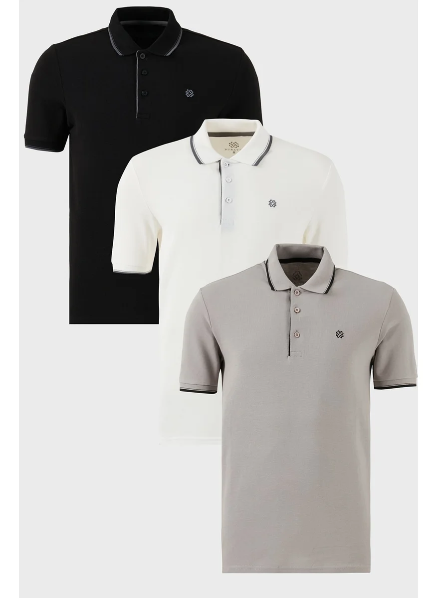 Buratti Cotton Slim Fit Stripe Detailed Buttoned Polo Collar 3-Piece T Shirt Men's T Shirt 5902118S3