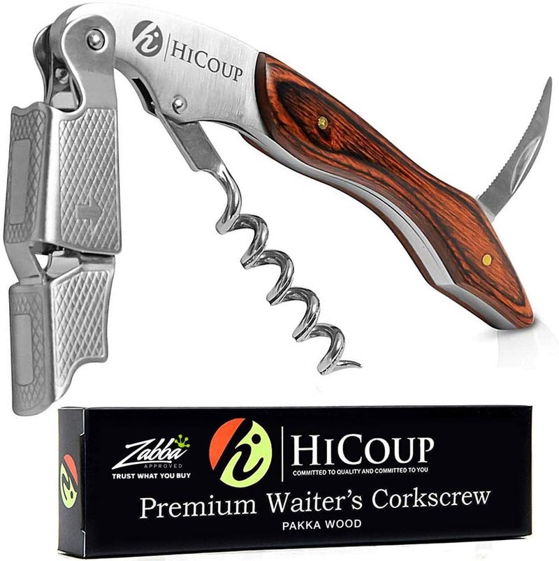 HiCoup Kitchenware فتاحة نبيذ هيكوب - مفتاح احترافي لزجاجات النبيذ مع قاطع ورق الألمنيوم ومزيل الغطاء - مفتاح نبيذ يدوي للخدم والنادلين وموظفي البار والاستخدام المنزلي - خشب باكا - Image 1