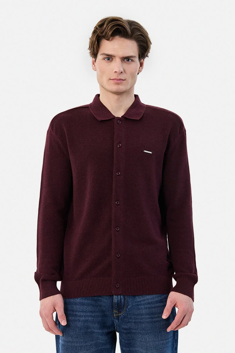 سنيتش Wine Textured Long Sleeve Regular Fit Shirt