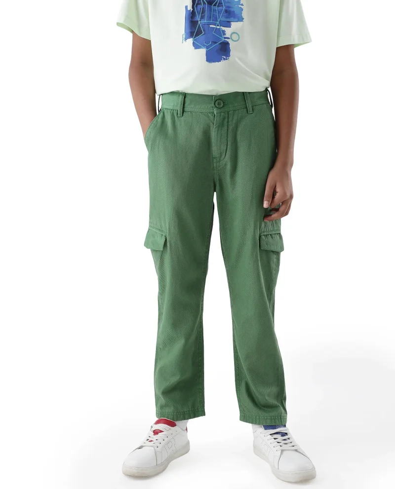 Rare Ones Rare Ones Kids Flat Green Cotton Button And Zip Closure Plain Regular Fit Trouser