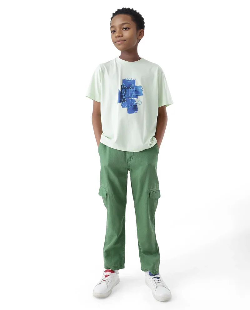 Rare Ones Rare Ones Kids Flat Green Cotton Button And Zip Closure Plain Regular Fit Trouser