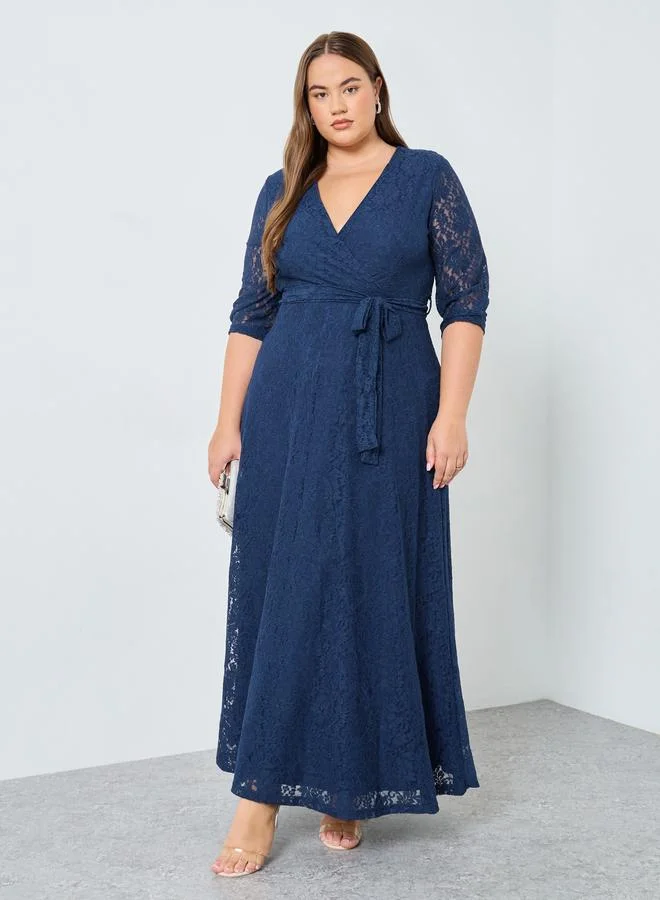 Styli Plus Size Blue Lace Maxi Dress