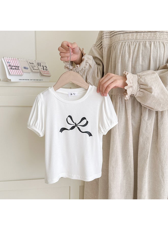 Girls' Printed Bow Short-sleeved T-shirt Summer New Style Kidsren's Cartoon Loose Casual Lantern Sleeve Short-sleeved T-shirt