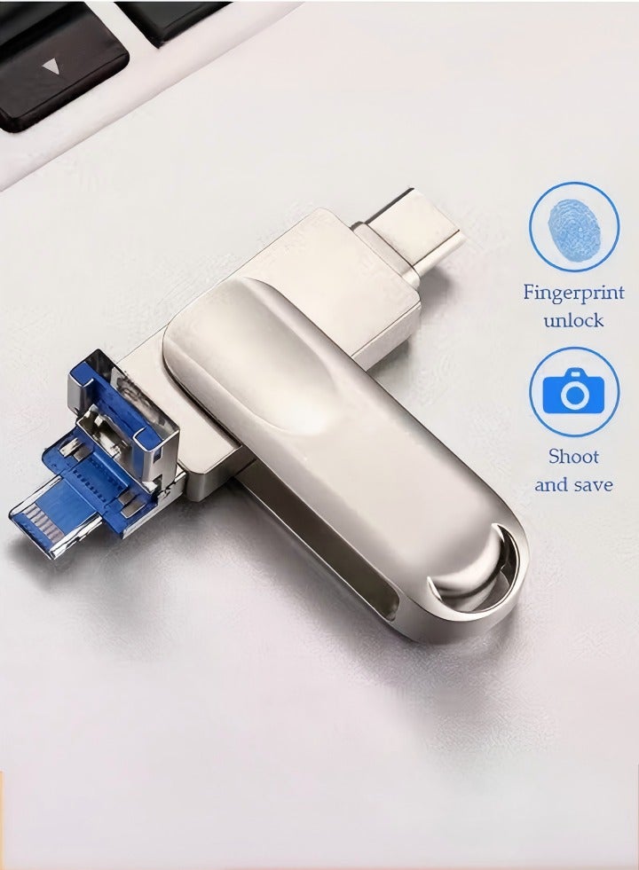 فلاش درايف، محرك أقراص USB 3.0، ذاكرة معدنية متعددة الوظائف من نوع C، أربعة في واحد بواجهة كاملة، دوار 360 درجة، 64 جيجابايت، مناسب لهواتف آبل، والأجهزة اللوحية، وواجهة TypeC، وهواتف أندرويد مع وظيفة OTG (فضي) - Image 1