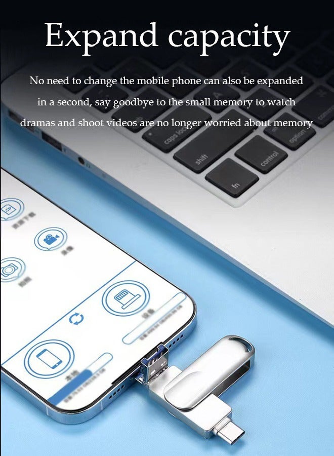 فلاش درايف، محرك أقراص USB 3.0، ذاكرة معدنية متعددة الوظائف من نوع C، أربعة في واحد بواجهة كاملة، دوار 360 درجة، 64 جيجابايت، مناسب لهواتف آبل، والأجهزة اللوحية، وواجهة TypeC، وهواتف أندرويد مع وظيفة OTG (فضي) - Image 5
