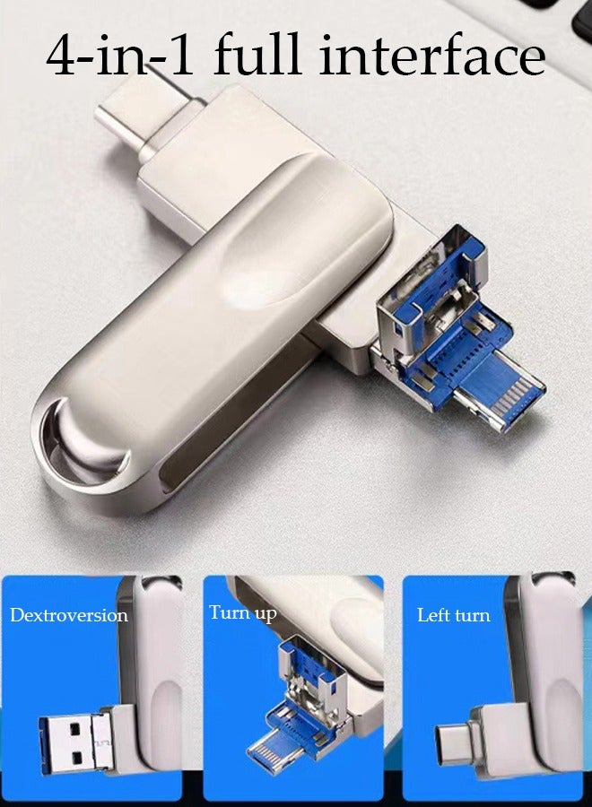فلاش درايف، محرك أقراص USB 3.0، ذاكرة معدنية متعددة الوظائف من نوع C، أربعة في واحد بواجهة كاملة، دوار 360 درجة، 64 جيجابايت، مناسب لهواتف آبل، والأجهزة اللوحية، وواجهة TypeC، وهواتف أندرويد مع وظيفة OTG (فضي) - Image 4