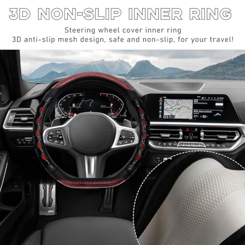 Yourkar Car Steering Wheel Cover, 15 Inch Leather D-Shaped Comfy Grip Steering Wheel Protector, Anti-Slip Steering Wheel Cover with 3D Honeycomb for Most Vehicles, Car Accessories (Red) - Image 5
