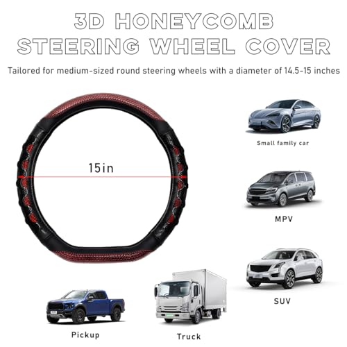 Yourkar Car Steering Wheel Cover, 15 Inch Leather D-Shaped Comfy Grip Steering Wheel Protector, Anti-Slip Steering Wheel Cover with 3D Honeycomb for Most Vehicles, Car Accessories (Red) - Image 2