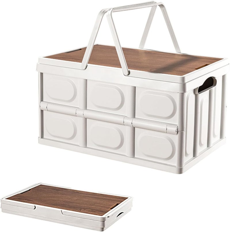 WinCheer Collapsible Storage Box with Handles, Foldable Camping Bin with Wooden Lids Car Trunk Organizer Stackable Container, Folding Basket for Car Outdoor Picnic Home Cabinets Office (White 30L) - Image 1