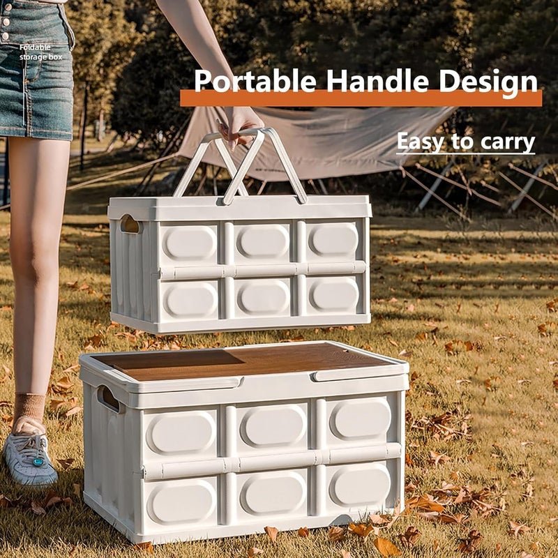 WinCheer Collapsible Storage Box with Handles, Foldable Camping Bin with Wooden Lids Car Trunk Organizer Stackable Container, Folding Basket for Car Outdoor Picnic Home Cabinets Office (White 30L) - Image 3