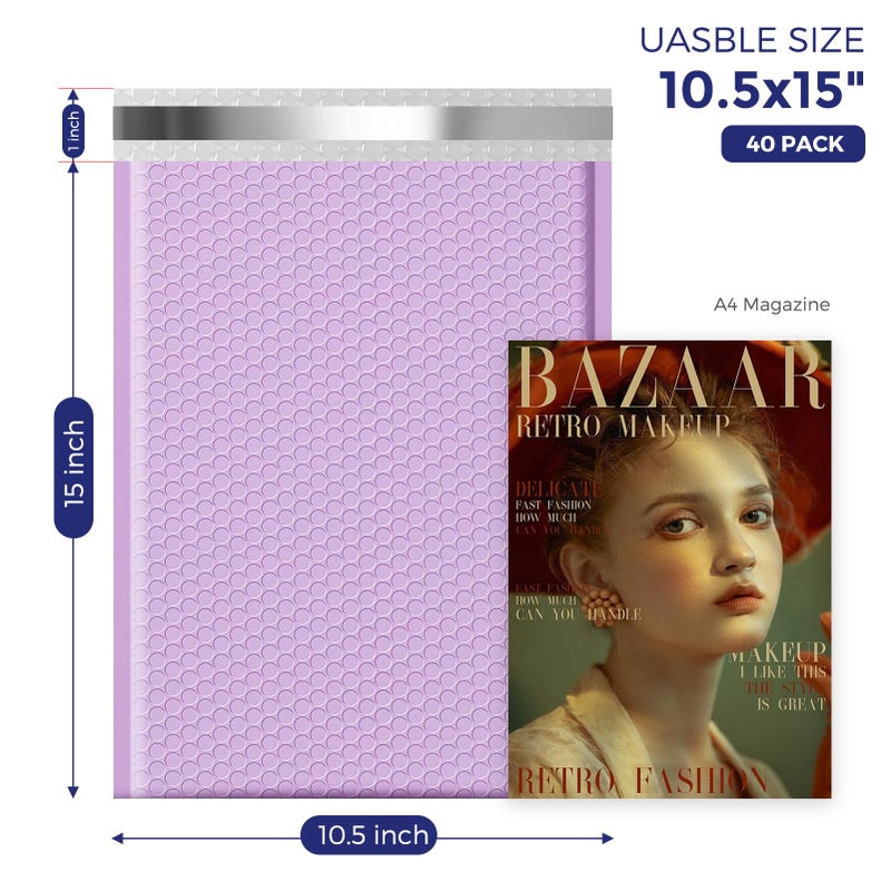 Fuxury Large Bubble Mailers 10.5x16" 40 Pack Self Seal Padded Envelopes Waterproof Mailing Envelopes Bubble Padded Mailers for Packaging, Small Business #5 Lavender - Image 4
