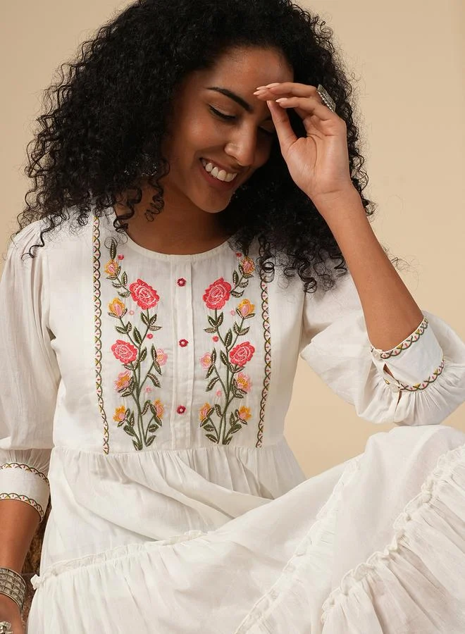 globus Women Off-White Embroidered Yoke Tiered Knee-Length Dress