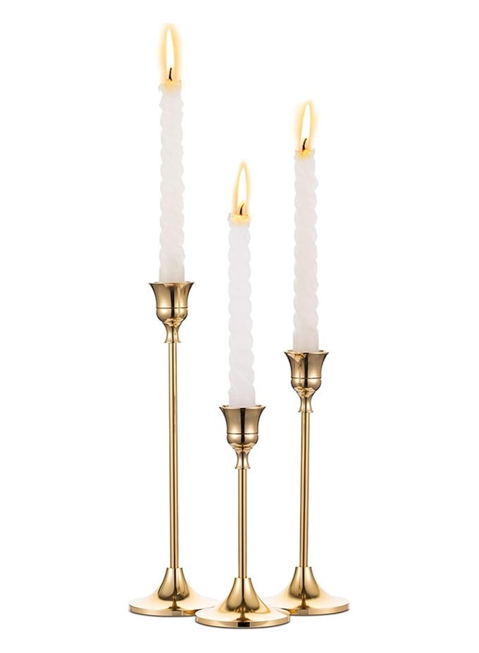 CANDLESTICK HOLDERS TAPER CANDLE HOLDERS, SET OF 3 CANDLE STICK HOLDERS SET, BRASS GOLD CANDLESTICK HOLDER SET, VINTAGE MODERN DECORATIVE CENTERPIECE FOR TABLE MANTEL WEDDING HOUSEWARMING GIFT
