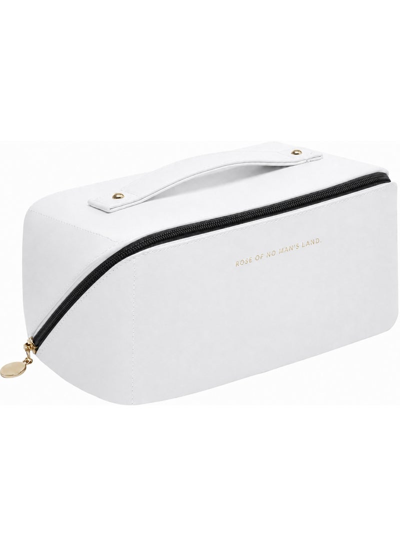 SHEIN Travel Makeup Bag, Large Capacity Cosmetic Bags for Women, Portable Waterproof Flat Opening Toiletry Bag in White, Travel Accessories - Image 1