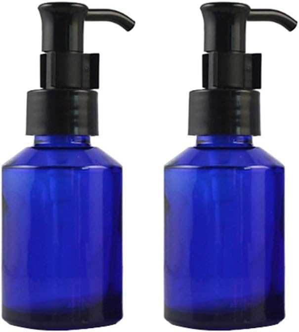 Elandy 2PCS 60ML/2oz Blue Glass Pump Bottles with Black Pump Top Cosmetic Make-up Cream Lotion Sample Packing Storage Container Vial Jar for Emulsion Essence