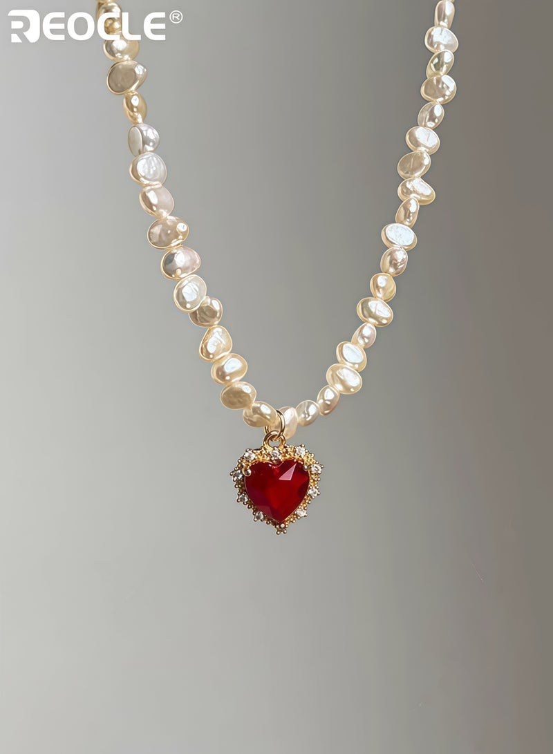 ريوكل قلادة بحجم قلب نسائية مع حواف مرصعة بالأحجار الكريمة وتفاصيل من اللؤلؤ، سلسلة رقيقة توضع على عظمة الترقوة بأسلوب مميز للارتداء اليومي والرسمية - Image 5