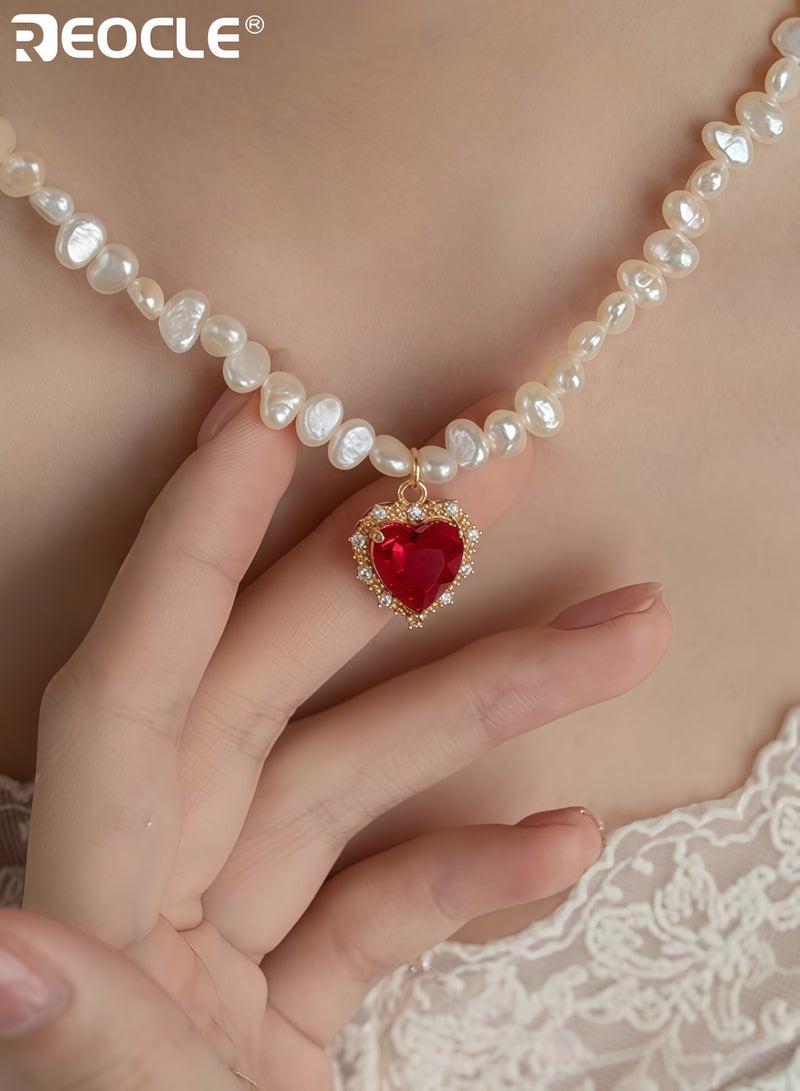 ريوكل قلادة بحجم قلب نسائية مع حواف مرصعة بالأحجار الكريمة وتفاصيل من اللؤلؤ، سلسلة رقيقة توضع على عظمة الترقوة بأسلوب مميز للارتداء اليومي والرسمية - Image 4