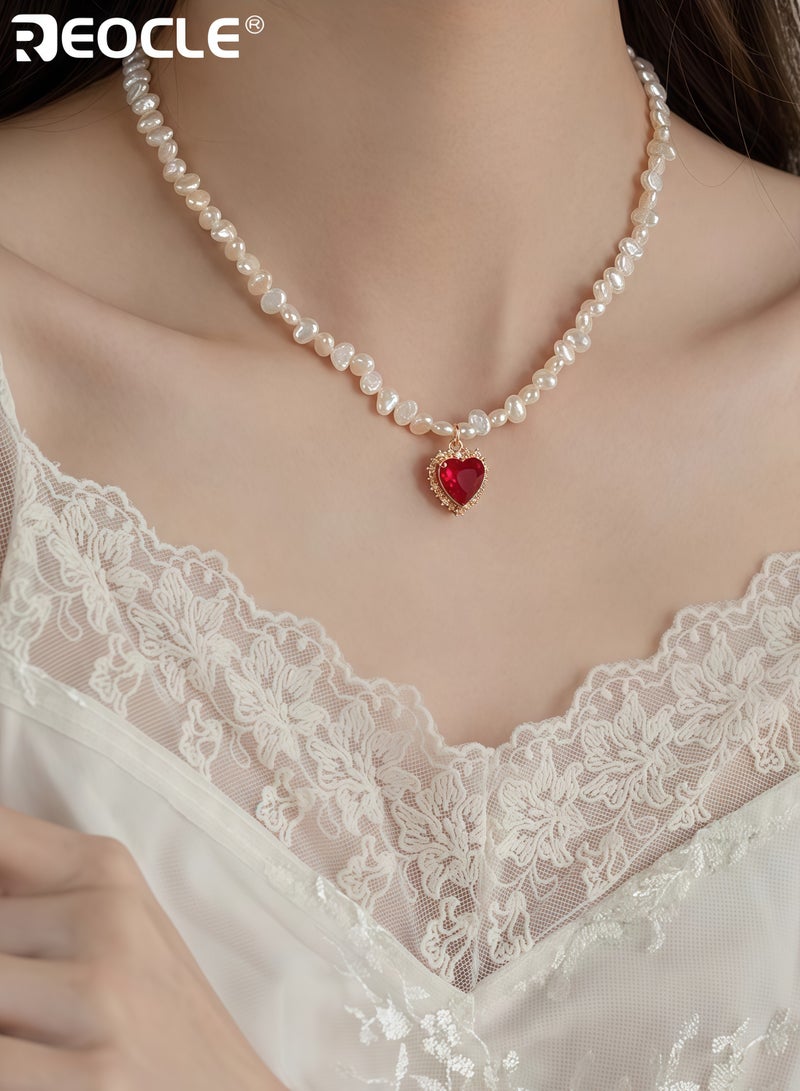 ريوكل قلادة بحجم قلب نسائية مع حواف مرصعة بالأحجار الكريمة وتفاصيل من اللؤلؤ، سلسلة رقيقة توضع على عظمة الترقوة بأسلوب مميز للارتداء اليومي والرسمية - Image 1
