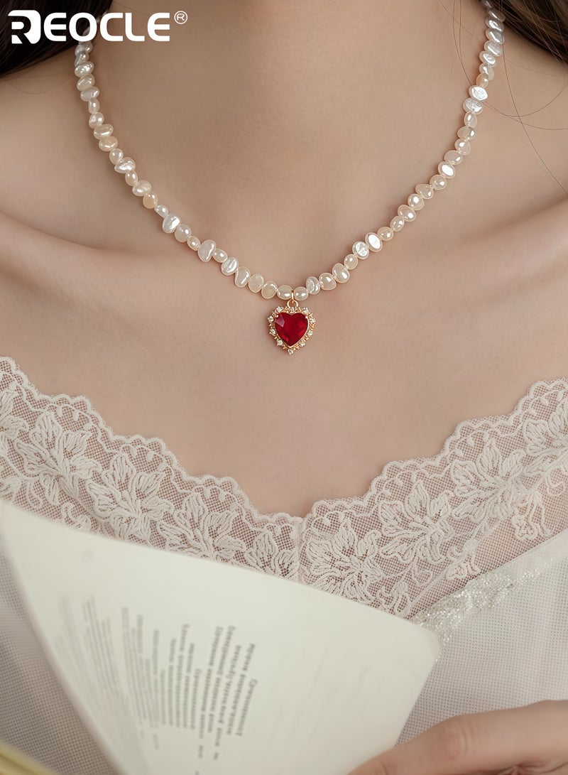 ريوكل قلادة بحجم قلب نسائية مع حواف مرصعة بالأحجار الكريمة وتفاصيل من اللؤلؤ، سلسلة رقيقة توضع على عظمة الترقوة بأسلوب مميز للارتداء اليومي والرسمية - Image 2