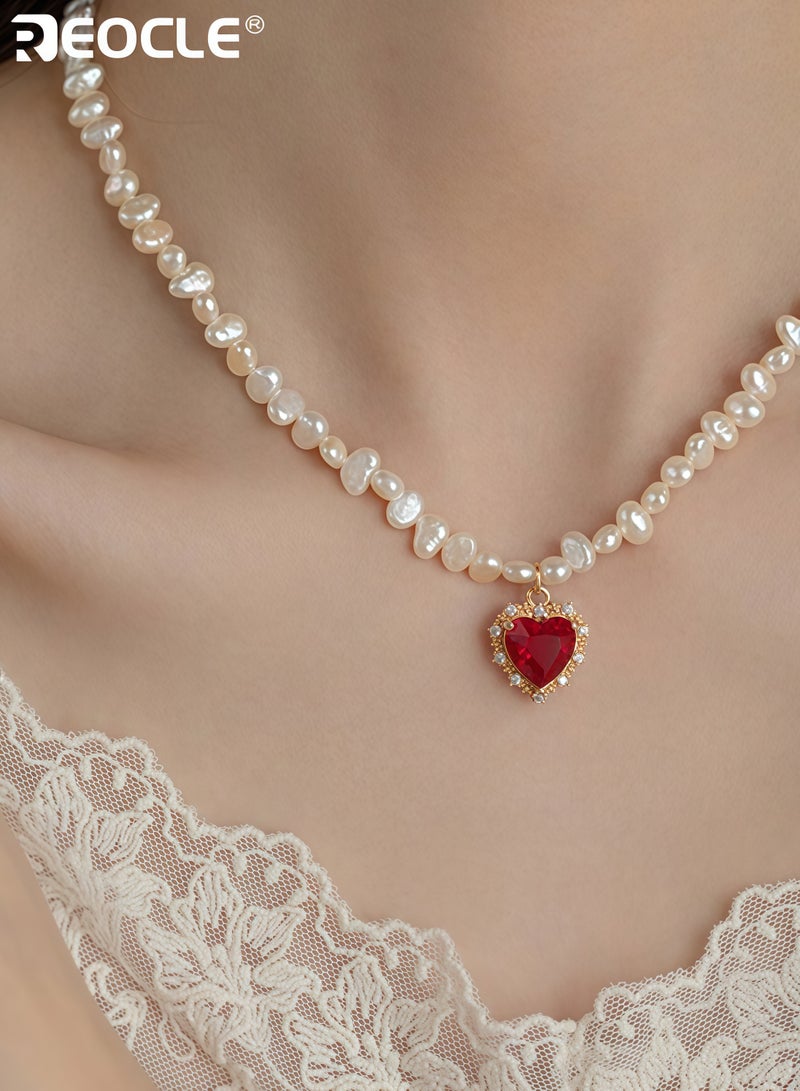 ريوكل قلادة بحجم قلب نسائية مع حواف مرصعة بالأحجار الكريمة وتفاصيل من اللؤلؤ، سلسلة رقيقة توضع على عظمة الترقوة بأسلوب مميز للارتداء اليومي والرسمية - Image 3