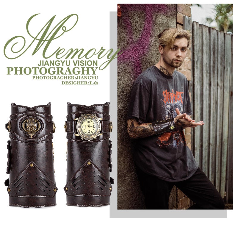 Avaner Men's Steampunk Leather Wristwatch: 2 Pack Vintage Leather Bracers Watch Arm Armor Cuff for Cosplay Costume - Image 3