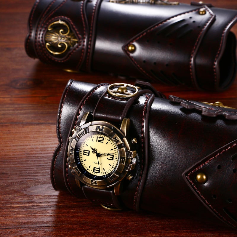 Avaner Men's Steampunk Leather Wristwatch: 2 Pack Vintage Leather Bracers Watch Arm Armor Cuff for Cosplay Costume - Image 4