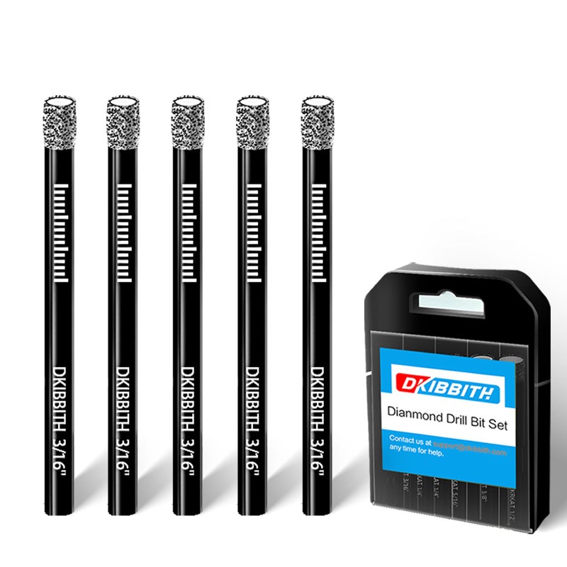 DKIBBITH 5-Pack 3/16" Dry Diamond Drill Bits Set, 5mm Tile Drill bits for Ceramic Porcelain Marble Granite Tile Stone Glass Brick, Integrated Coolant for Fast Dry Drilling, Round Shank, with Storage Case - Image 1