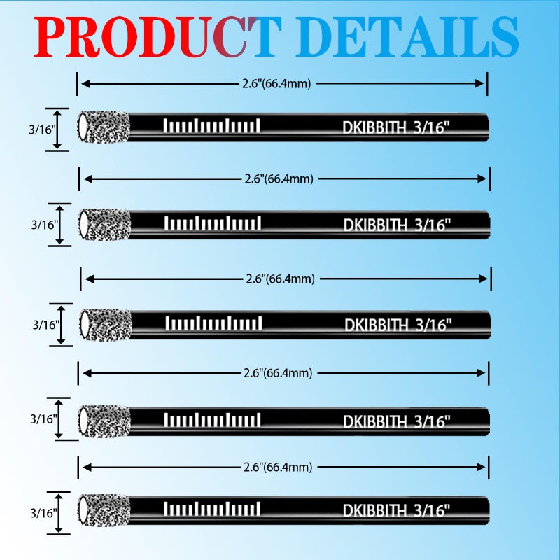 DKIBBITH 5-Pack 3/16" Dry Diamond Drill Bits Set, 5mm Tile Drill bits for Ceramic Porcelain Marble Granite Tile Stone Glass Brick, Integrated Coolant for Fast Dry Drilling, Round Shank, with Storage Case - Image 2