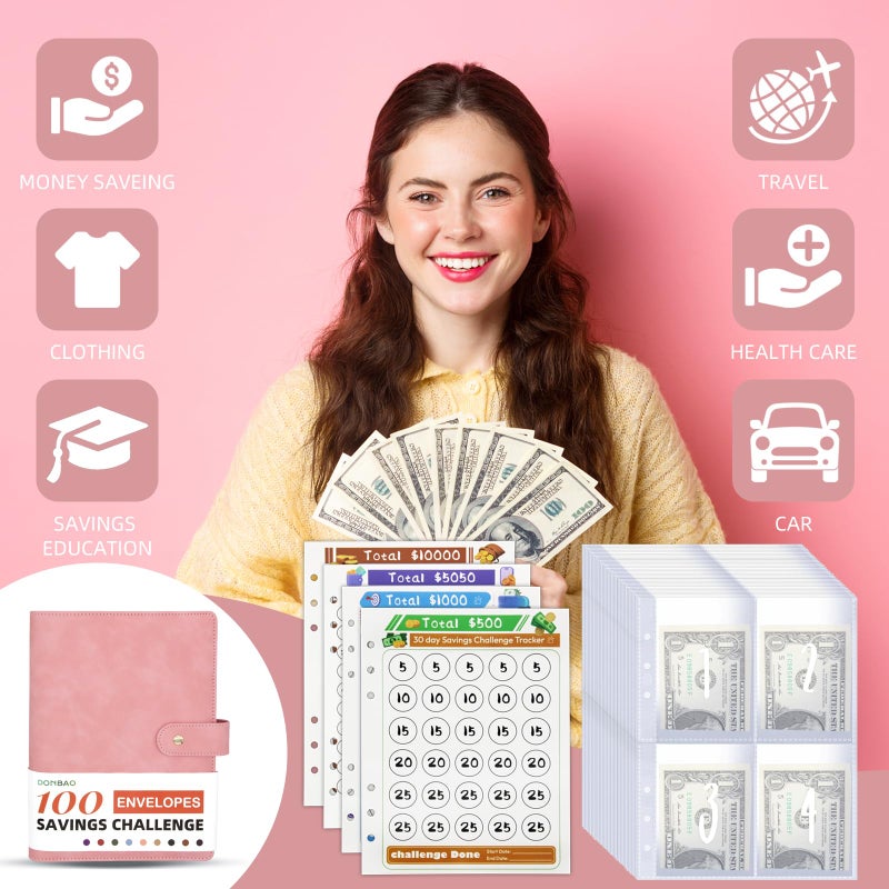 DONBAO 100 Envelopes Money Saving Challenge Binder, A5 Budget Binder with Envelopes and Challenge Tracker, Savings Challenges Planner Book to Save $500, $1000, $5050, $10000 (Pink) - Image 2