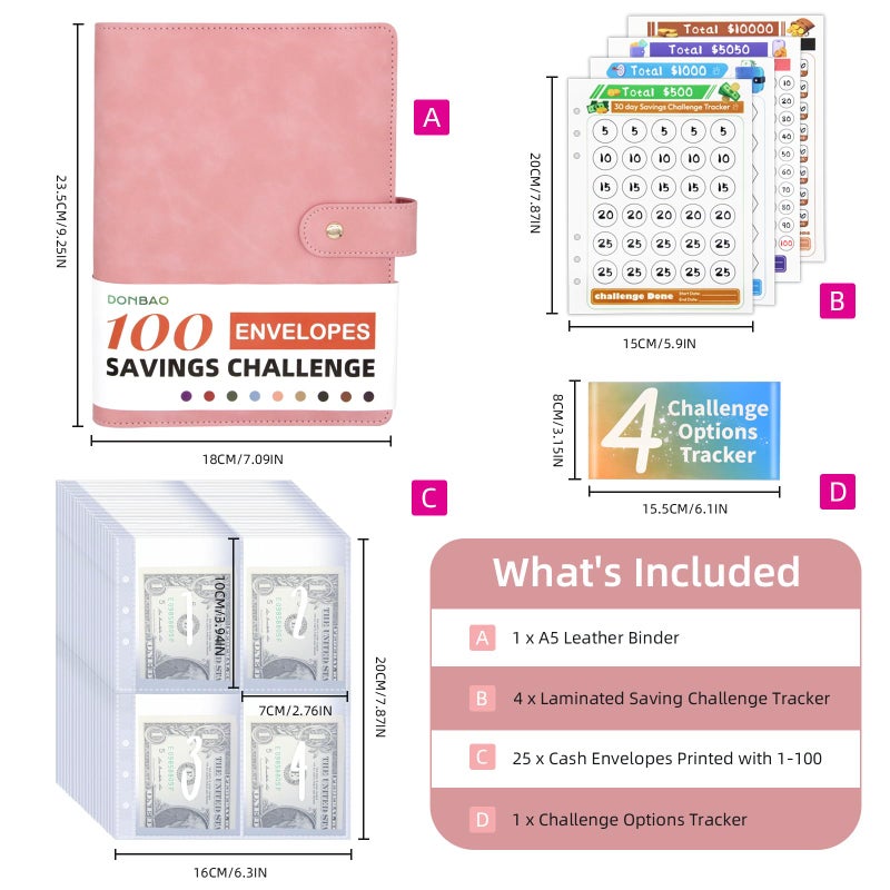 DONBAO 100 Envelopes Money Saving Challenge Binder, A5 Budget Binder with Envelopes and Challenge Tracker, Savings Challenges Planner Book to Save $500, $1000, $5050, $10000 (Pink) - Image 3