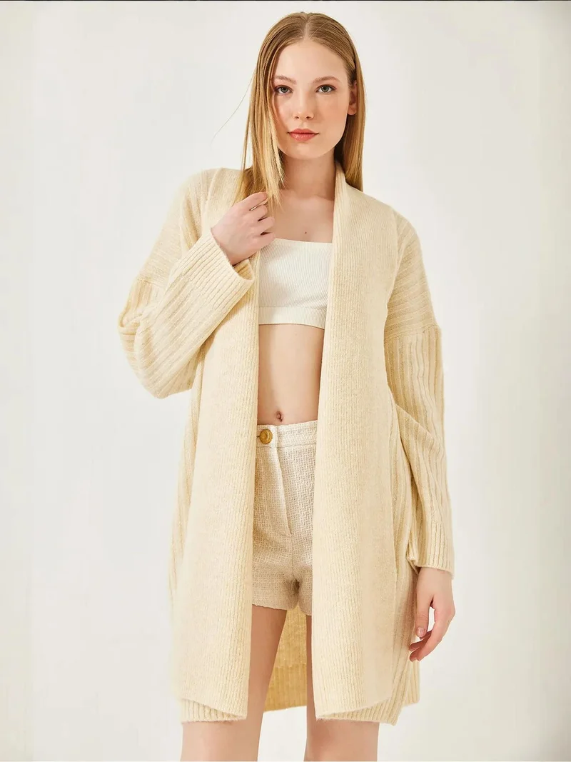 Bianco Lucci Beige Natural LUCCI Textured Long Ribbed Shawl Collar Cardigan for Women | Best Price UAE