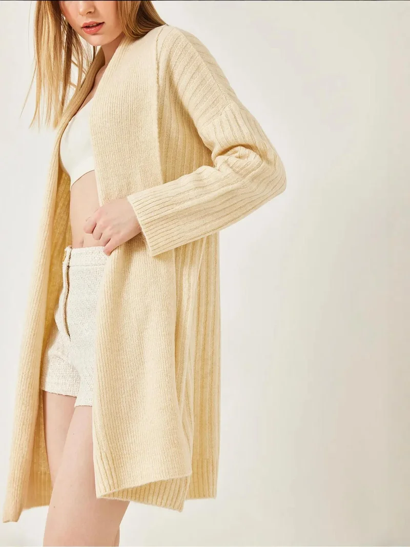 Bianco Lucci Beige Natural LUCCI Textured Long Ribbed Shawl Collar Cardigan for Women | Best Price UAE
