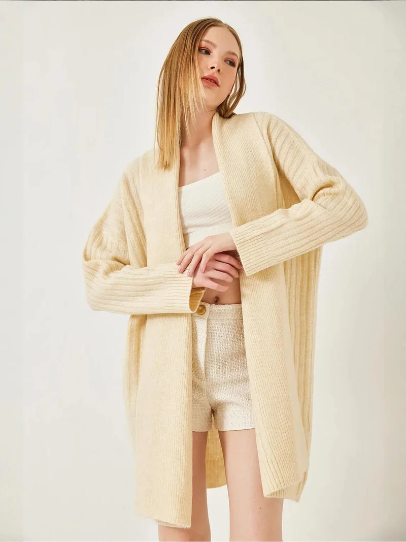 Bianco Lucci Beige Natural LUCCI Textured Long Ribbed Shawl Collar Cardigan for Women | Best Price UAE